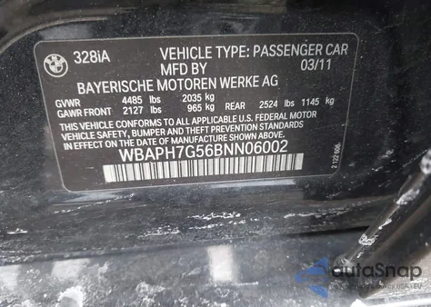 2011 BMW 328I from USA, damaged, VIN WBAPH7G56BNN06002